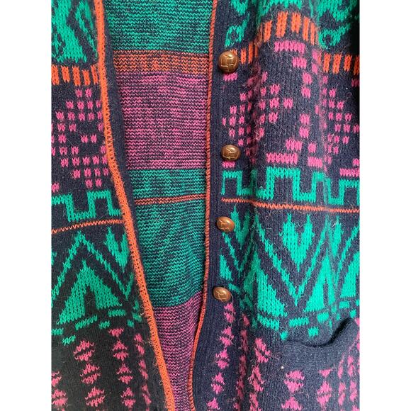 Vintage 80s Chunky Cardigan Sweater Colorful Aztec Patterned Women's M  Preppy - Picture 5 of 7